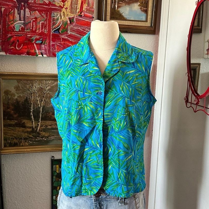Other notations blue green leaf print button up tank top Size L / US 10 / IT 46 - 1 Thumbnail