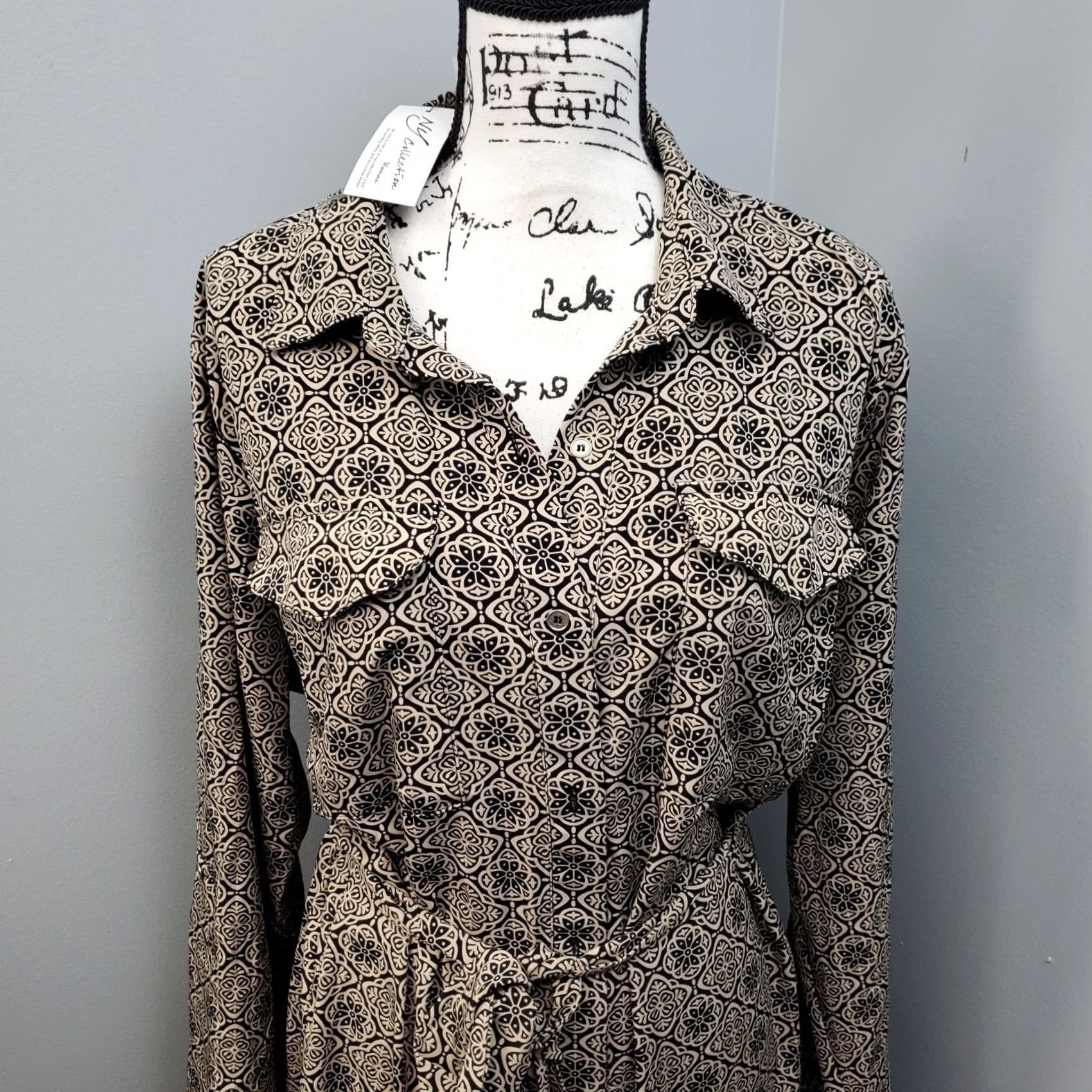 Vintage NY Collection Shirt Dress Womens 2X Brown Black Floral Print Collared Tie Waist Size XXL / US 16-18 / IT 52-54 - 3 Thumbnail
