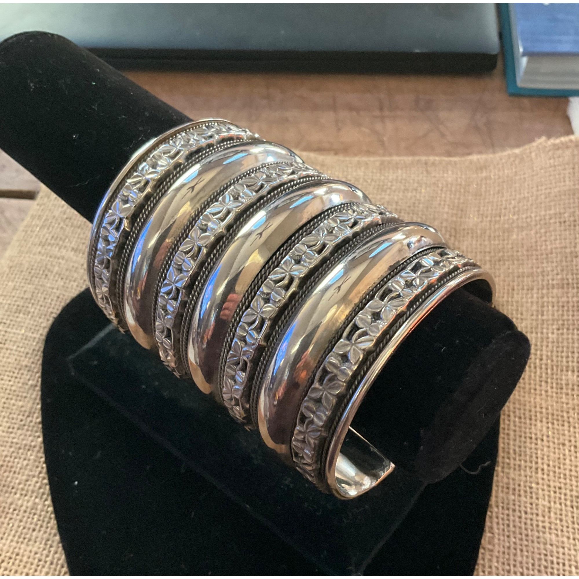 Other Wide Silver Cuff Bracelet With Intricate Floral Pattern Desi Size ONE SIZE - 4 Thumbnail