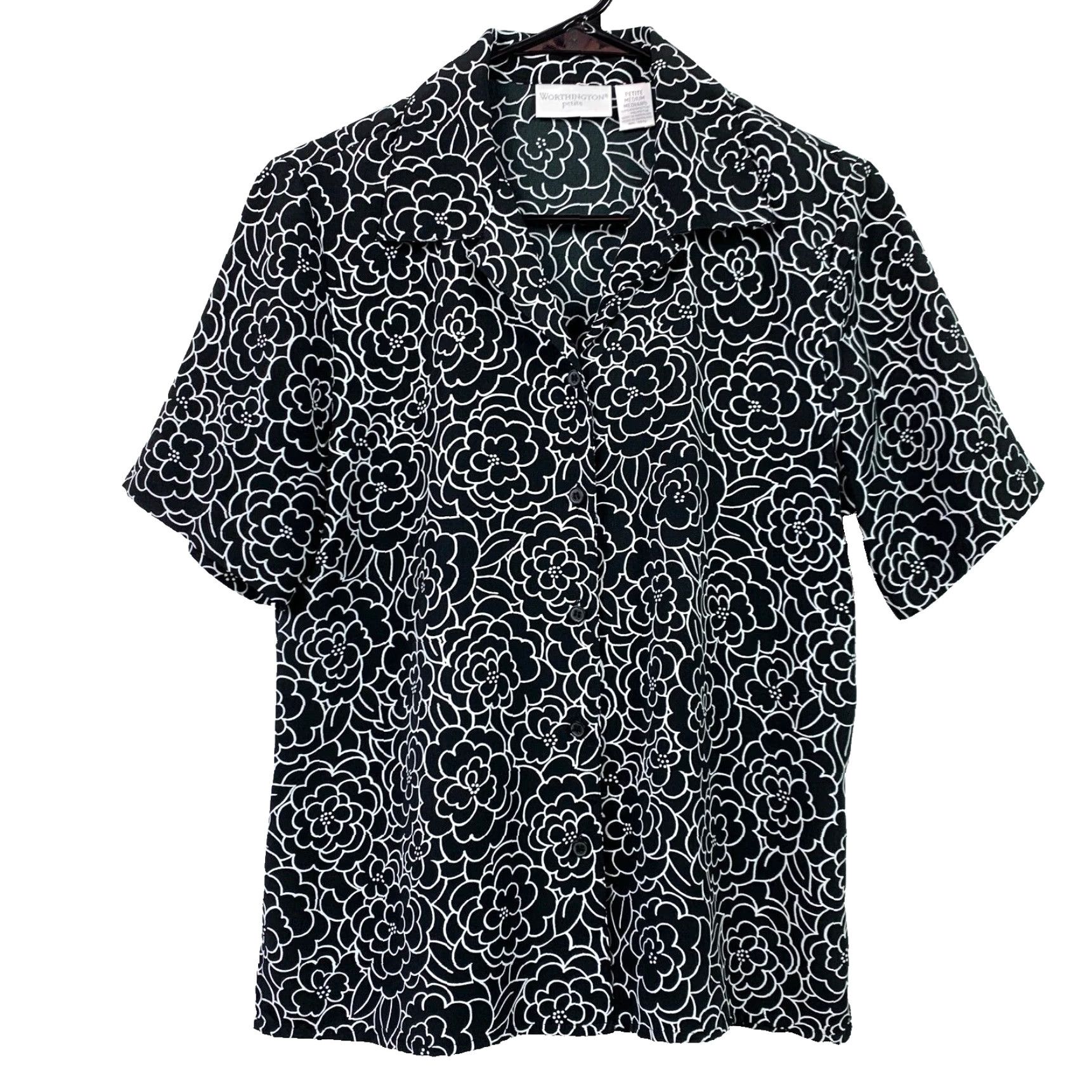 Worthington VINTAGE Worthington Petite Floral Black White Button Up Shirt Womens PM 90s Screen Printer? Size M / US 6-8 / IT 42-44 - 2 Thumbnail
