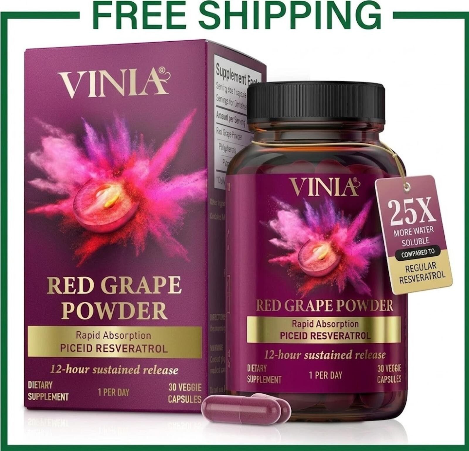 Vintage VINIA Red Grape Pwder Capsules Resveratrol Supplement 30 Cap Size ONE SIZE - 1 Thumbnail