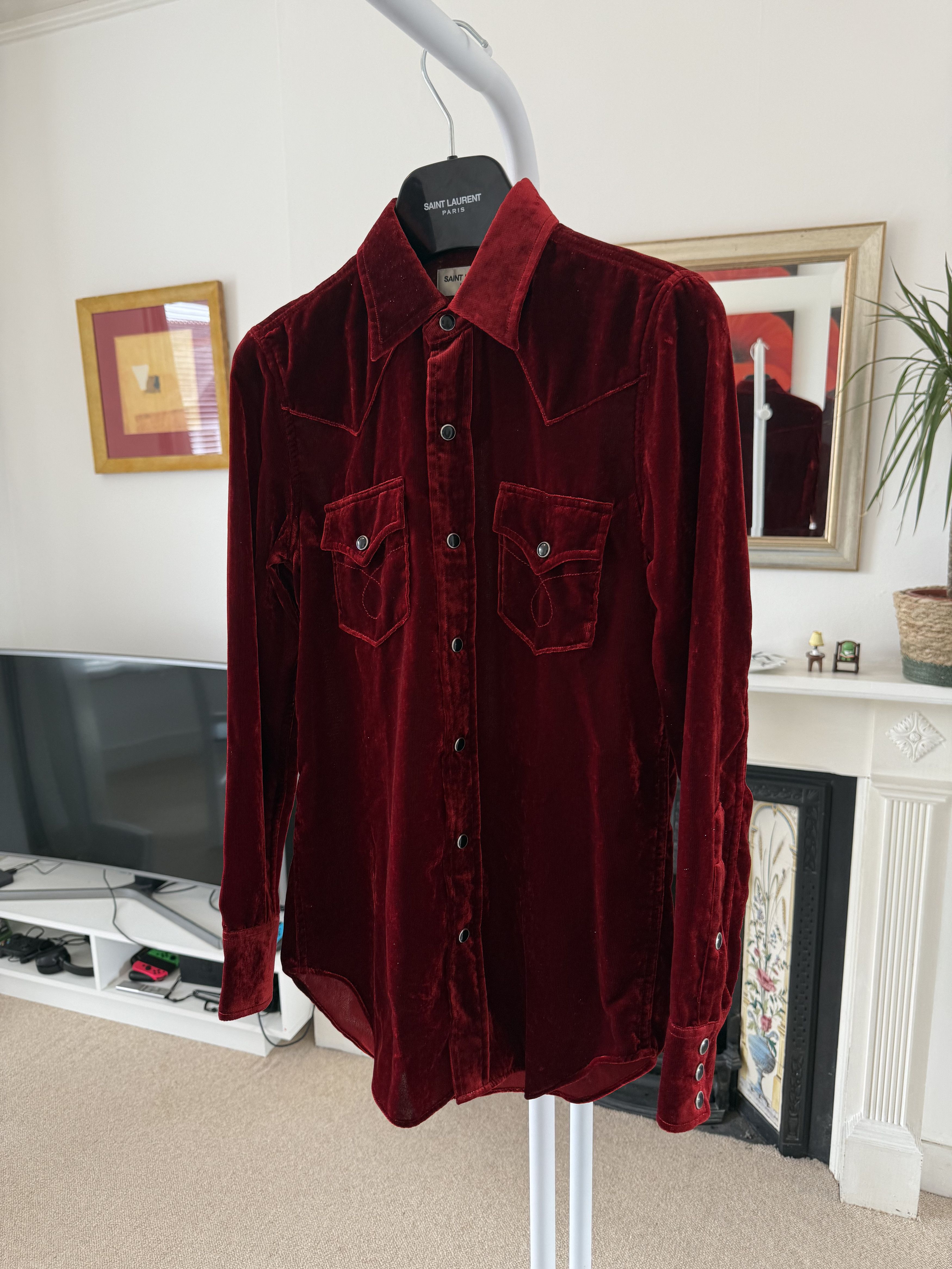 Hedi Slimane × Saint Laurent Paris FW16 Saint Laurent Glitter Red Velour Shirt Size XS / US 0-2 / IT 36-38 - 3 Thumbnail