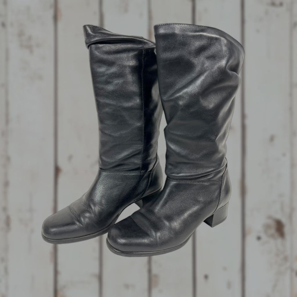 Vintage Black Leather Mid Calf Slouch Boots WomenS 7.5 B - Casual, Business, 90S, Non-Slip, Water Resistant, Block Heel Shoes, Women's