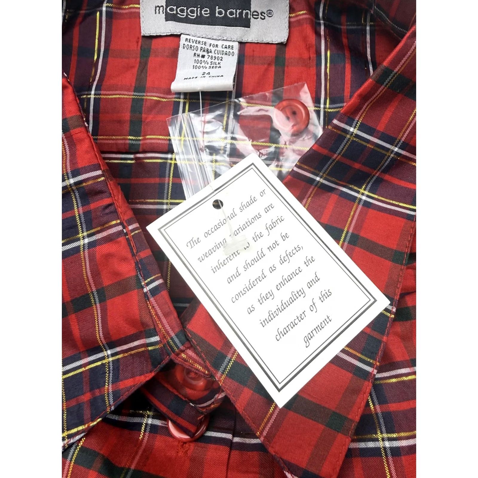 Vintage Maggie Barnes Shirt Womens 24 Red Plaid Collared 3/4 Sleeve Silk Top Size 4XL / US 24-26 - 4 Thumbnail