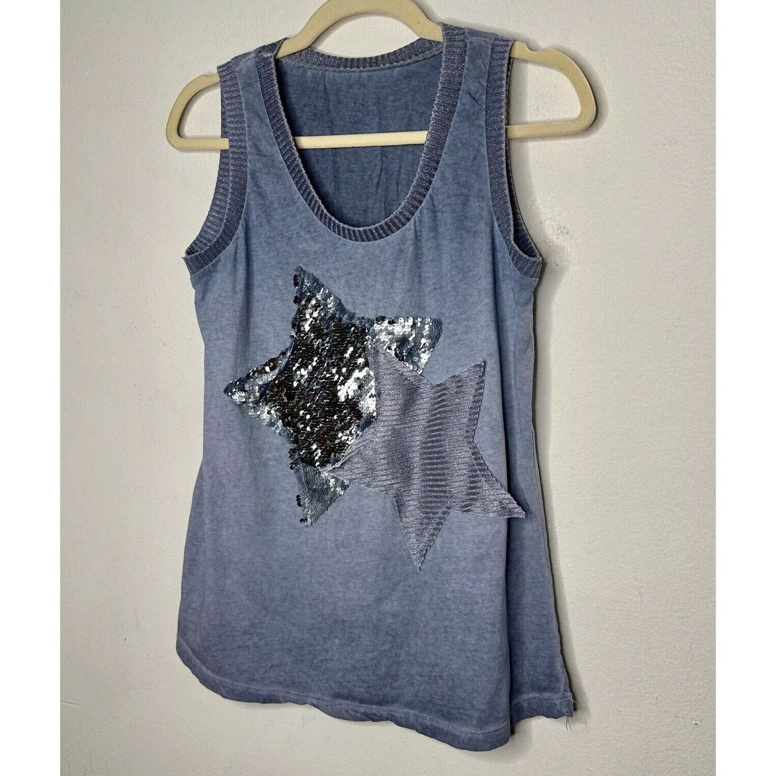 Other Gray Blue Knit Sleeveless Scoop Neck Tank Sequined Stars Med Size M / US 6-8 / IT 42-44 - 2 Thumbnail