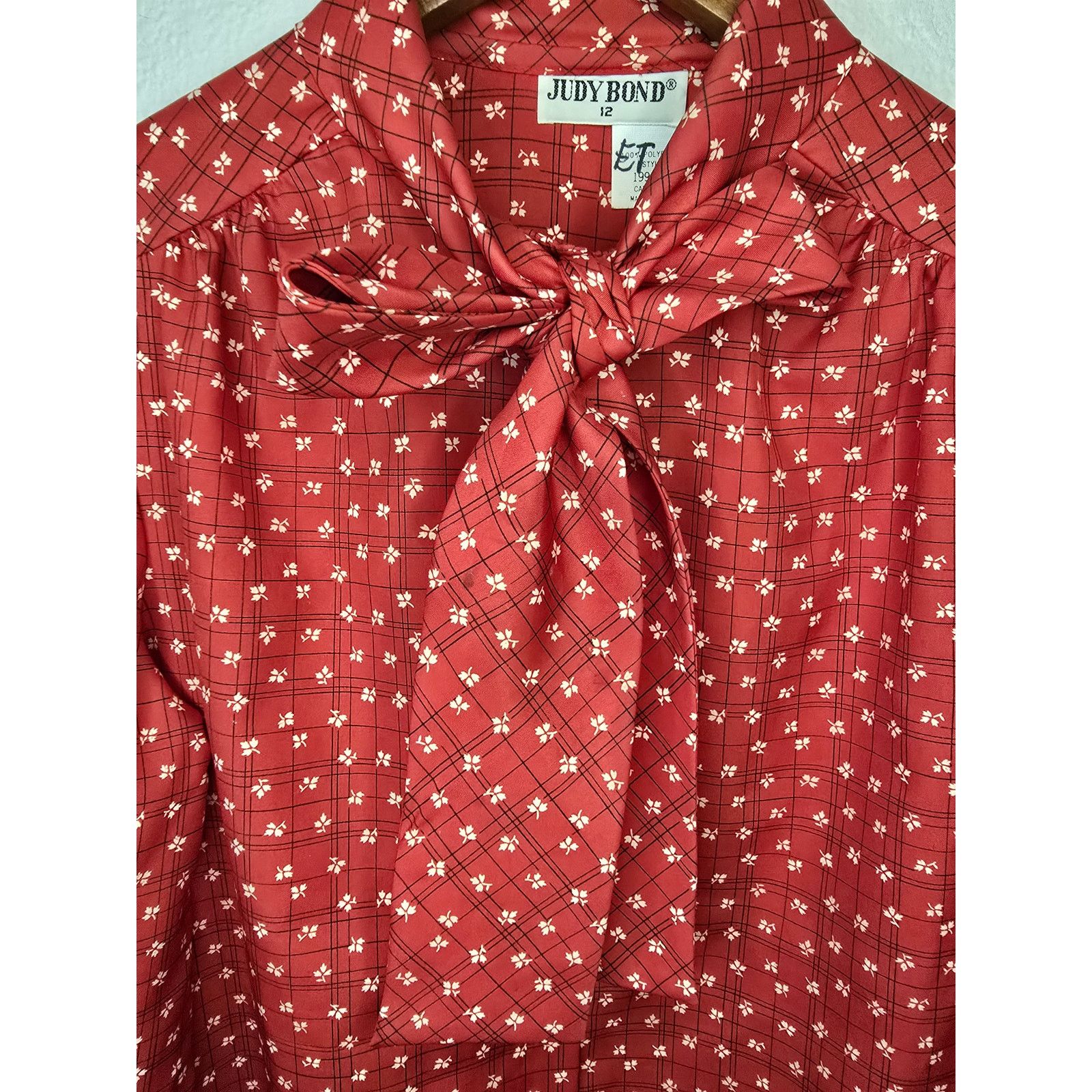 Vintage Vintage Tie Neck Blouse Judy Bond Red Floral Polka Dot Shirt Size XL / US 12-14 / IT 48-50 - 5 Thumbnail