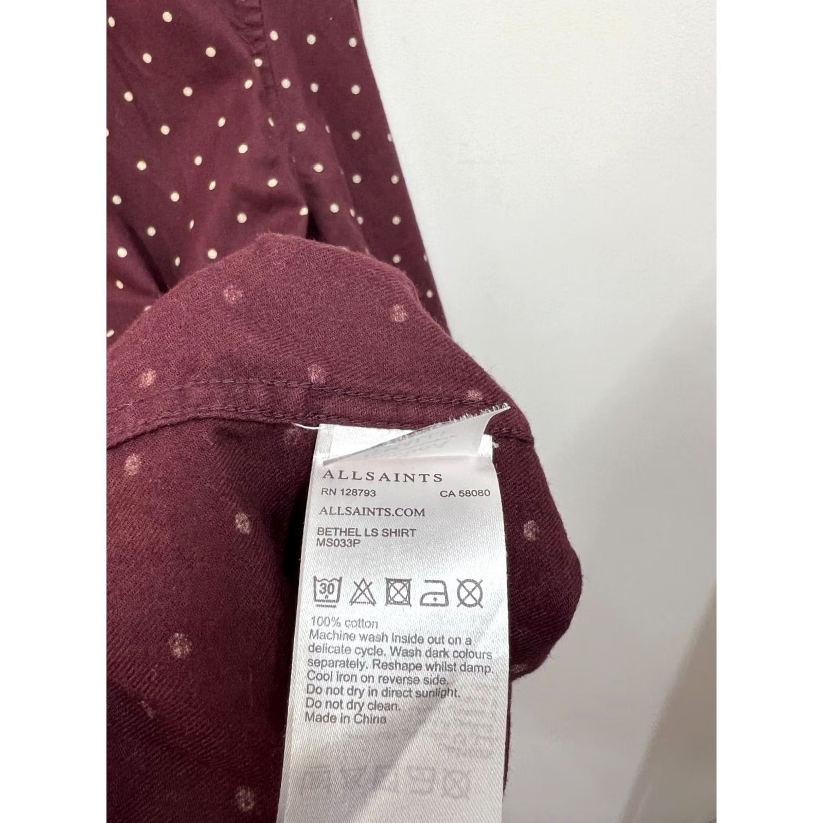Allsaints AllSaints Polka Dot Shirt S Mens Burgundy Cotton Button-Up Long Sleeve Size US S / EU 44-46 / 1 - 4 Thumbnail