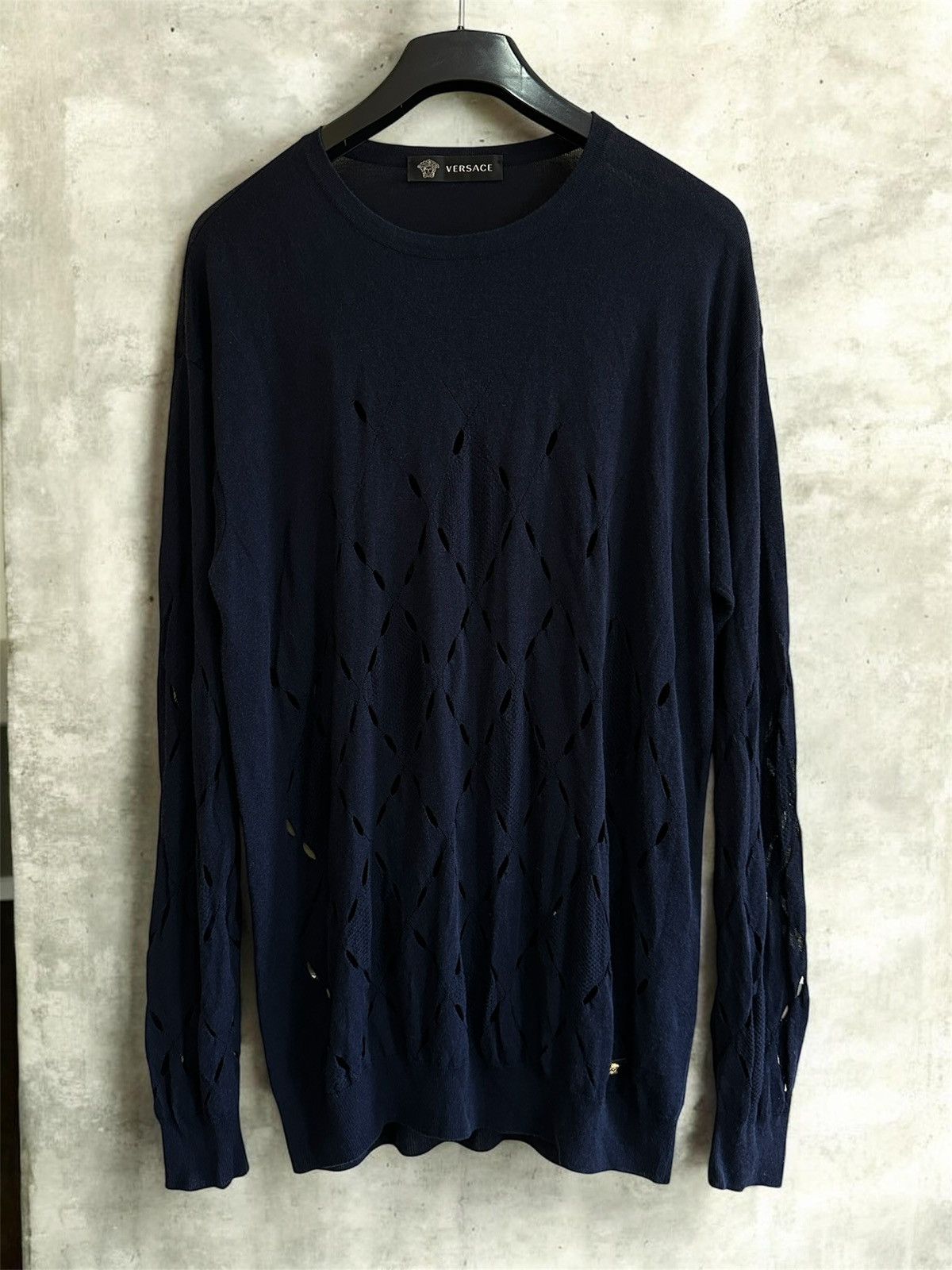 Versace Versace Navy Laser-Cut Diamond Knit Sweater XL Made in Italy Size US XL / EU 56 / 4 - 1 Thumbnail