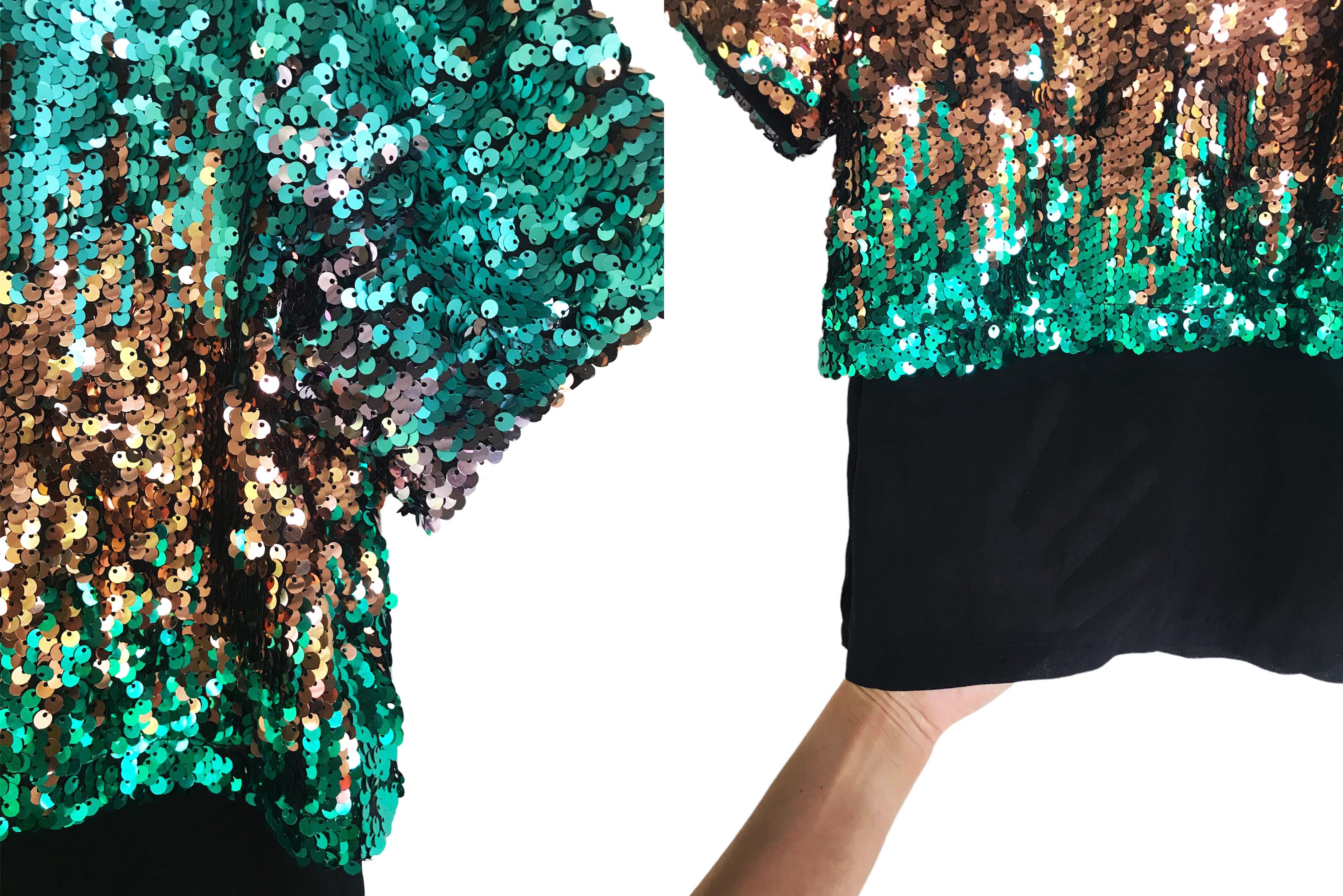 Vintage Green and Bronze sequin Blouse, sheer chiffon layered Size M / US 6-8 / IT 42-44 - 4 Thumbnail