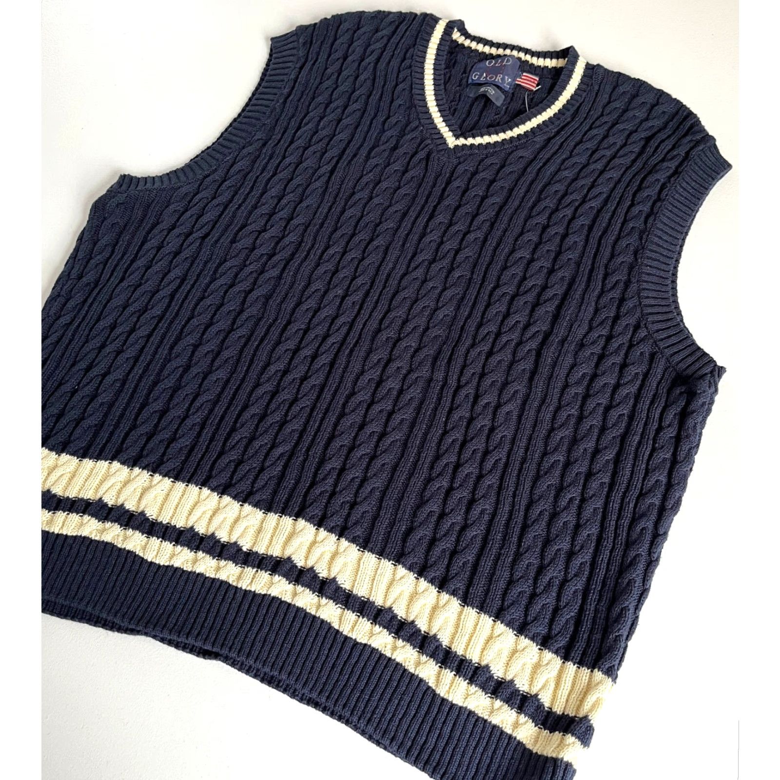 Vintage VINTAGE Old Glory Men's Sweater Vest 2XL Navy Cotton Cable-Knit V-Neck Tall 90s Retro Size US XXL / EU 58 / 5 - 4 Thumbnail