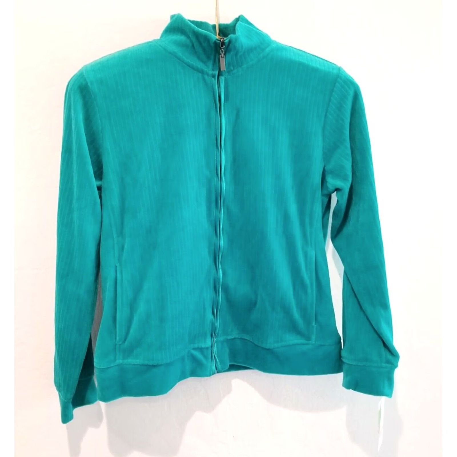 Vintage Pappagallo Womens Jade Blue Velour Full-Zip Jacket Petite PM Medium NWT Women's Jacket Velour Full-Zip Jade Blue Size M / US 6-8 / IT 42-44 - 2 Thumbnail