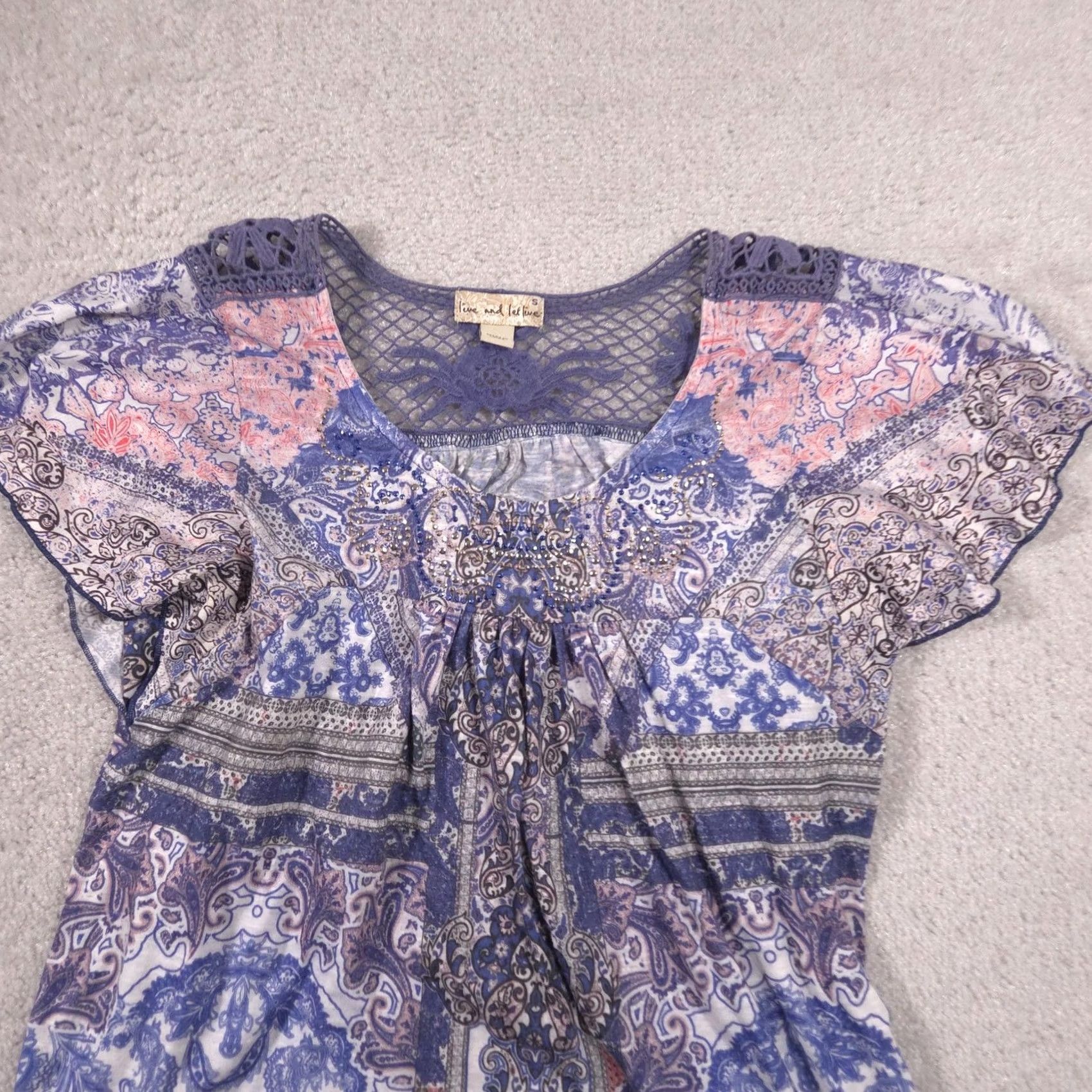 Olive Live And Let Live Blouse Womens Small Blue Paisley Beaded Tunic Top Crochet Lace Size S / US 4 / IT 40 - 3 Thumbnail
