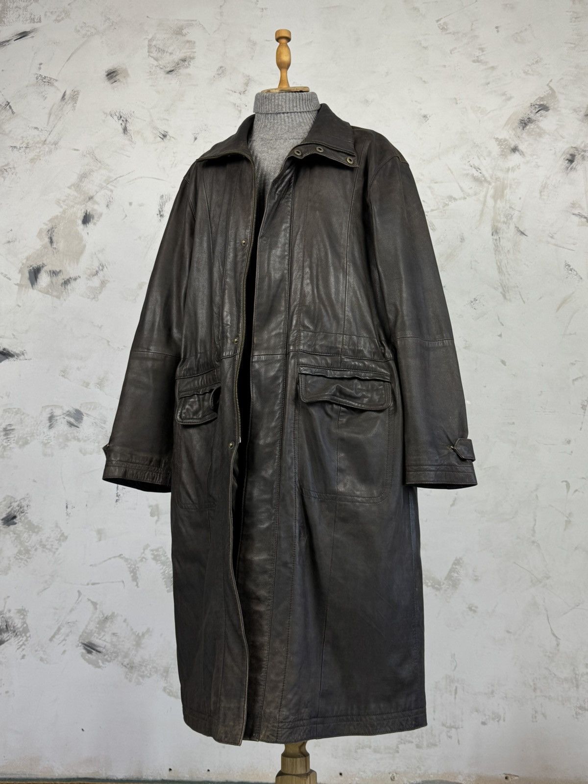 Vintage Leather Trench Coat Long Jacket Size M - L 44
