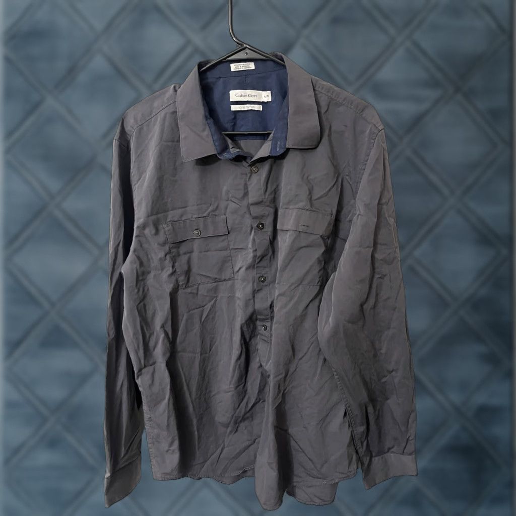 Calvin Klein Calvin Klein Men's Dress Shirt XL Liquid Cotton Gray Solid Long Sleeve Button-Down Regular Fit Size 46R - 1 Thumbnail