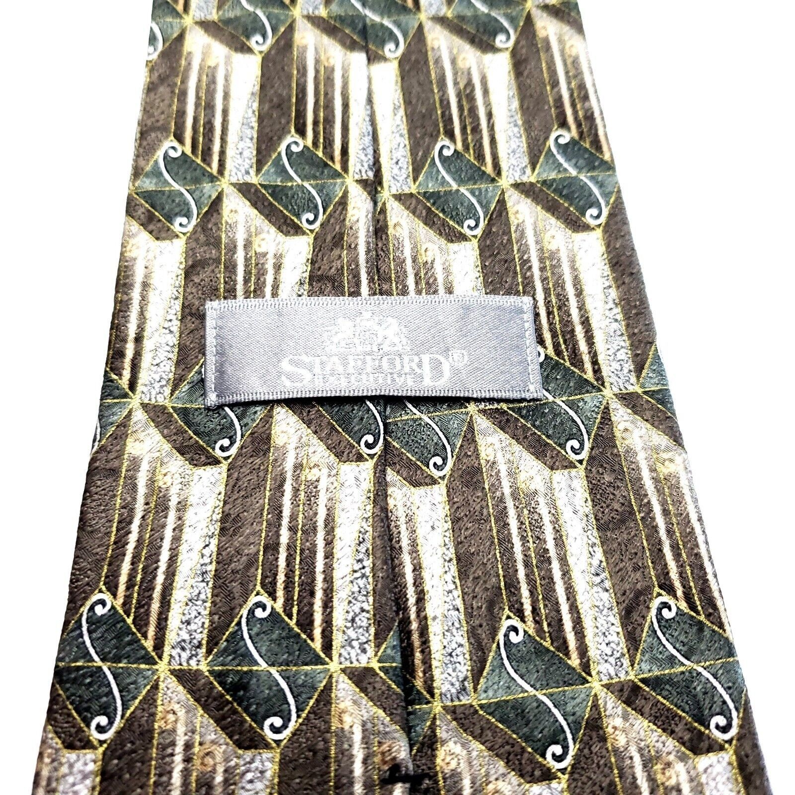 Stafford Stafford Executive Silk Tie Brown Green Geometric Print Wide Size ONE SIZE - 4 Thumbnail