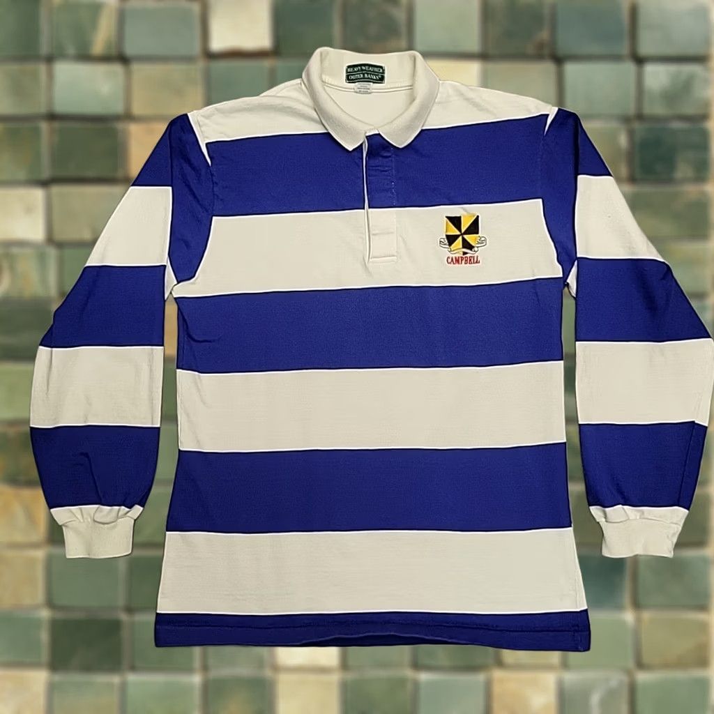Vintage VTG Rugby Shirt Men L Blue White Stripe Campbell Crest Heavy Weather Made in USA Size US L / EU 52-54 / 3 - 1 Thumbnail