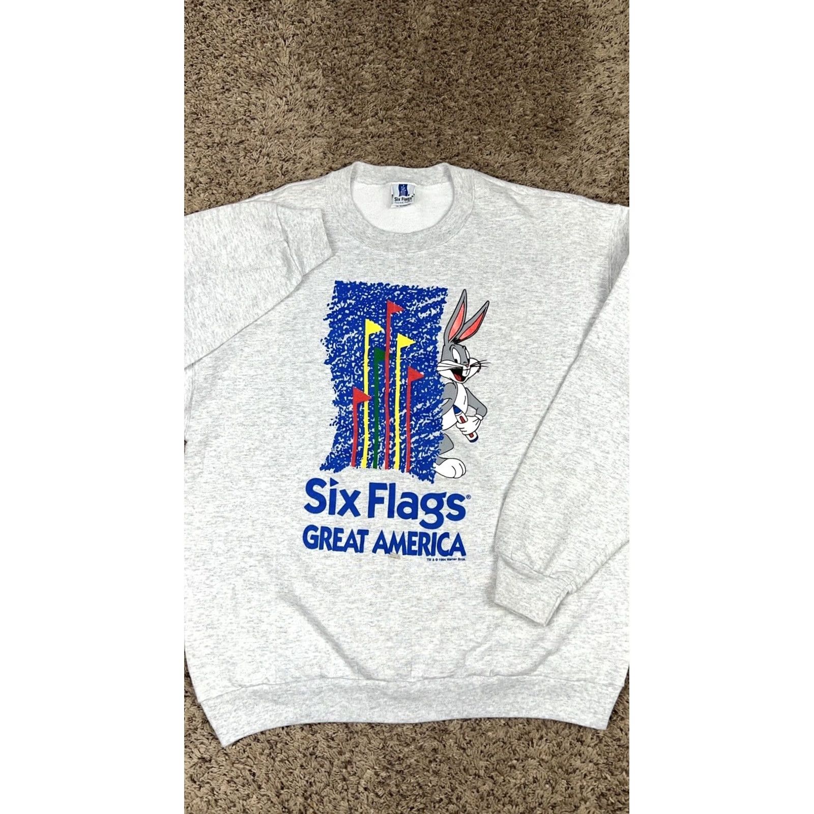 Vintage VINTAGE Six Flags Bugs Bunny 1994 Crewneck Sweatshirt 2XL Gray Graphic Print Mens Womens Unisex Adults Sweatshirt Theme: 90s, Looney Tunes Size US XXL / EU 58 / 5 - 5 Thumbnail
