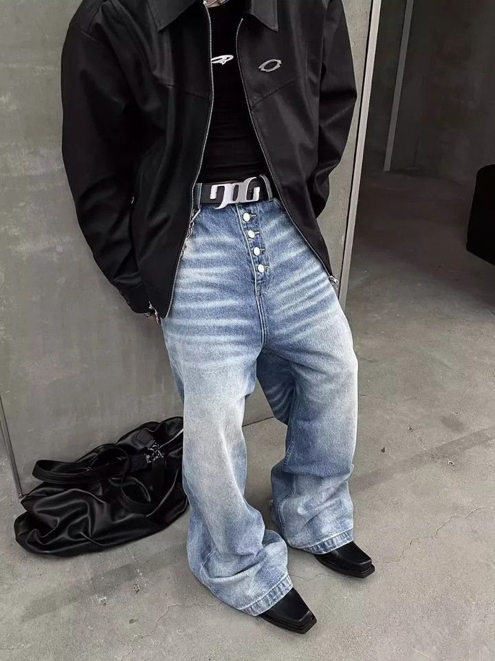 Washed Button Design Loose Straight