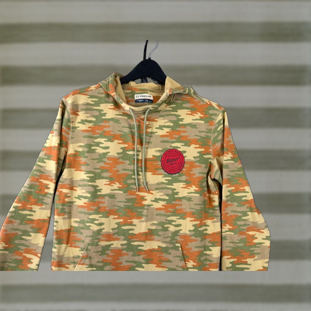 Vintage Magellan Hoodie Sweatshirt Mens S Beige Green Camo Shiner Bock Logo Classic Fit Atmosphere: Army Outdoor Hooded Drawstring Pullover (Vintage No) Size US S / EU 44-46 / 1 - 1 Thumbnail