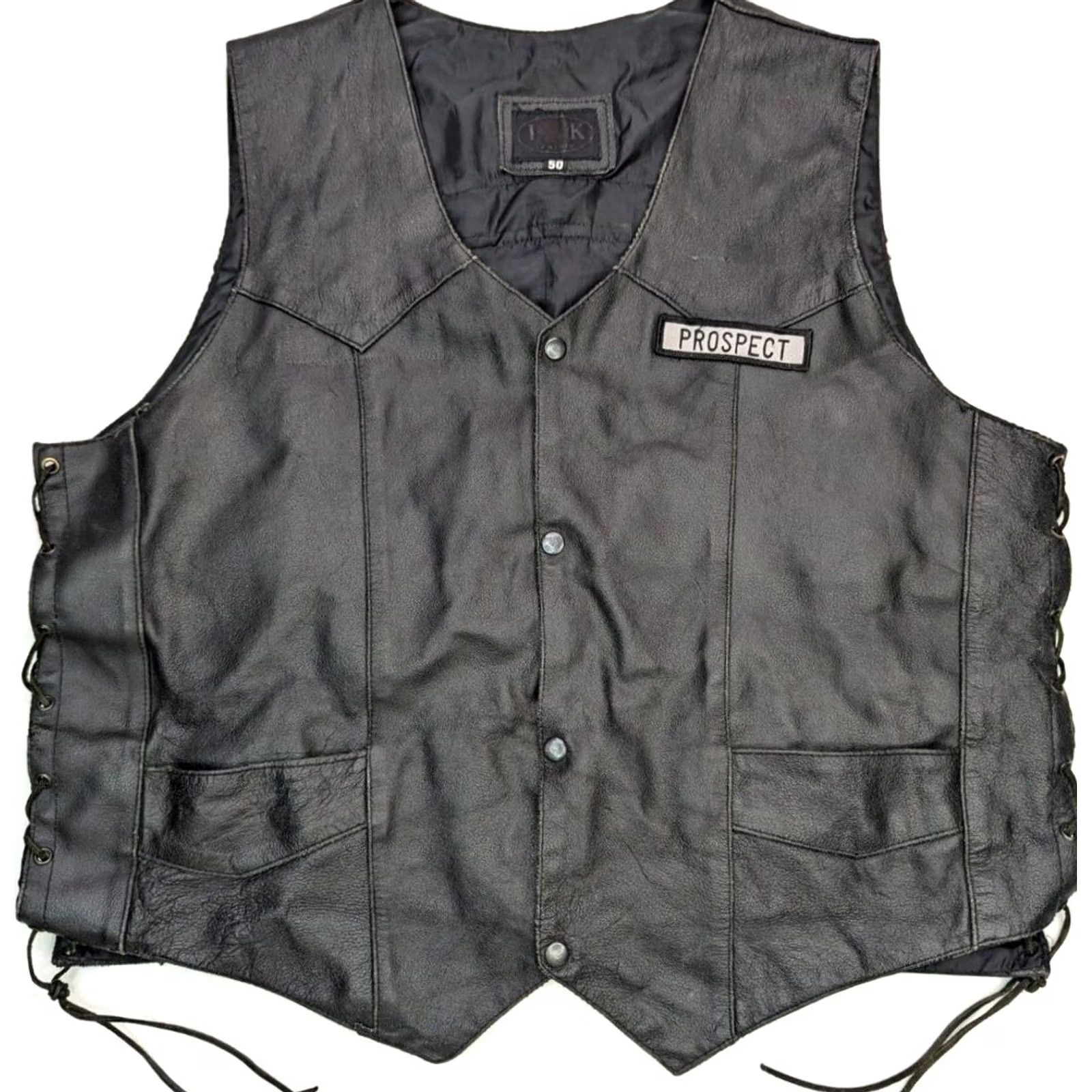 Vintage IK VTG Leather Motorcycle Riding Vest Men 50 Black Lace Pocket Snap Front Mid-Length Vest Mens Leather IK Size US M / EU 48-50 / 2 - 2 Thumbnail