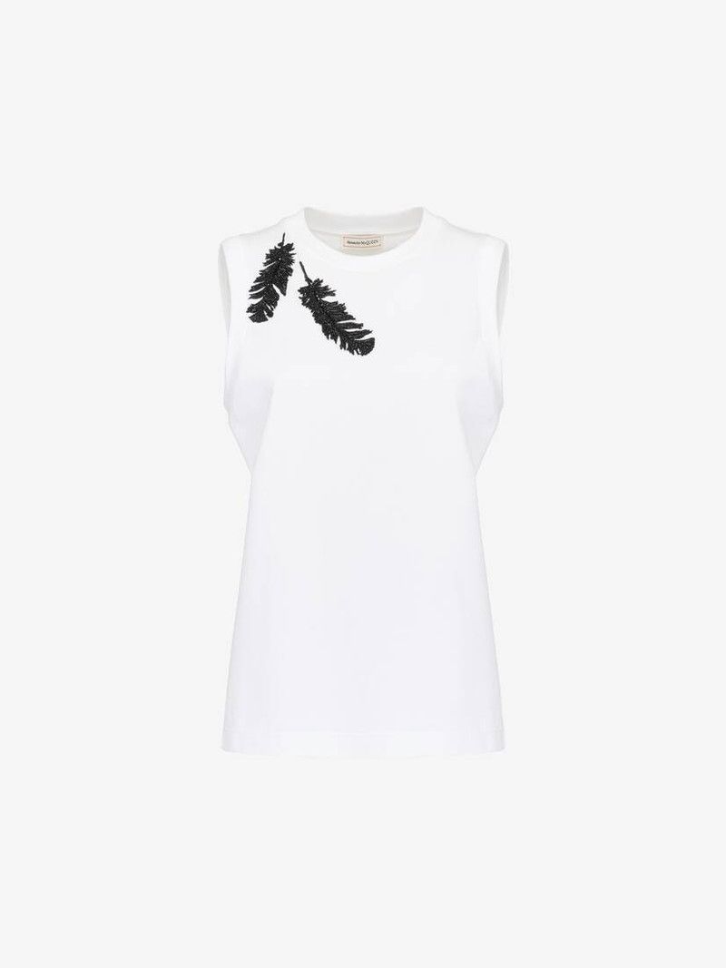 Alexander McQueen o1srvl11e0326 Feather Embroidery Tank Top in Optical White Size XL / US 12-14 / IT 48-50 - 1 Thumbnail