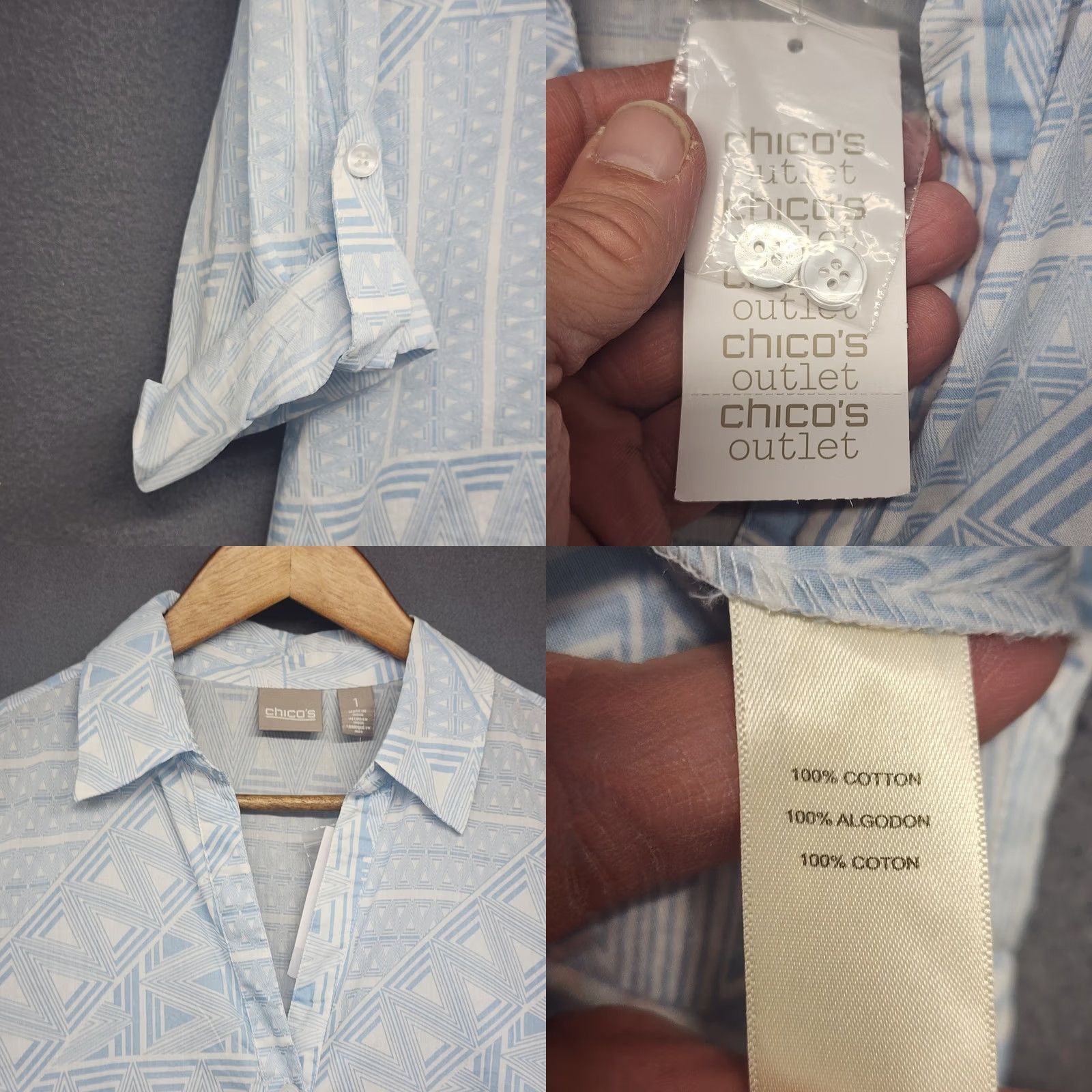 Vintage Chicos Shirt Womens 1 Medium Blue Geometric Print Button Front 3/4 Sleeve NEW Size M / US 6-8 / IT 42-44 - 8 Thumbnail