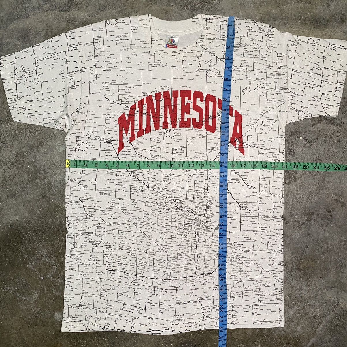 Fruit Of The Loom VINTAGE 90’s MINNESOTA ALLOVERPRINT MAP T SHIRT FOTL Size US L / EU 52-54 / 3 - 12 Thumbnail