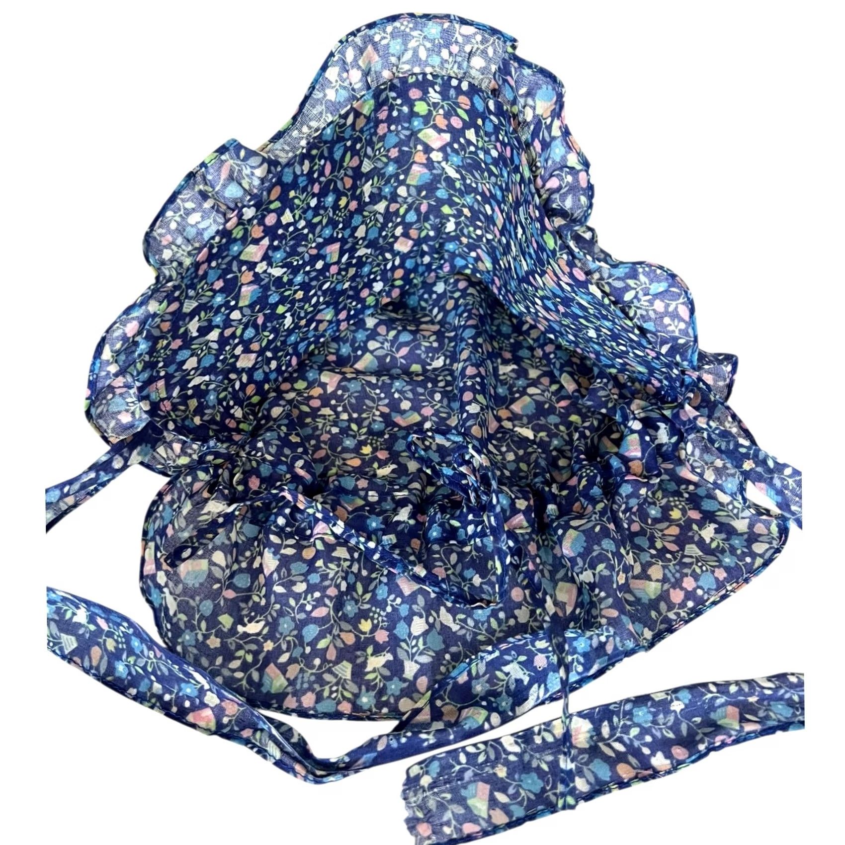 Vintage VINTAGE Women Flower Blue Bonnet Handmade Lightweight Semi-Sheer Bow Ruffled One Size Women Dress-up Spring Summer Prairie Pilgrim Costume Bow Womens Size ONE SIZE - 4 Thumbnail