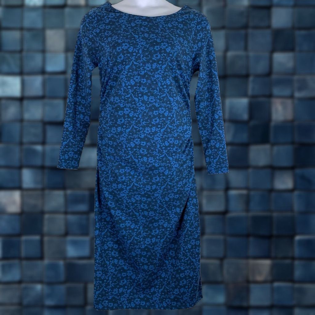 VINTAGE J. Peterman Blue Floral Dress Womens Size 12 Midi Ruched Long  Sleeve Bodycon