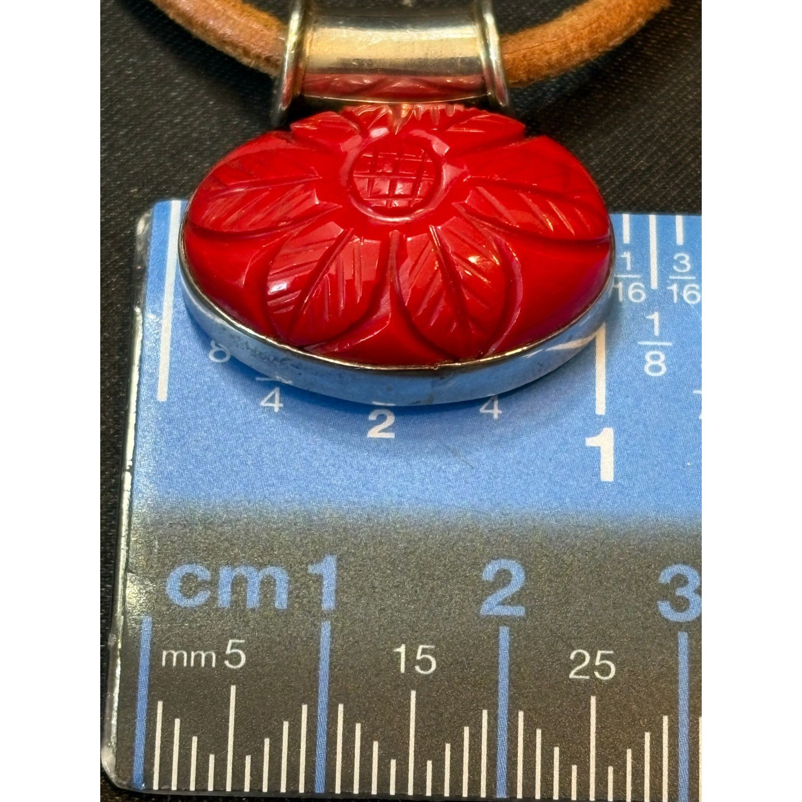 Other Sterling Silver Cinnabar Pendant Necklace on Leather Cord Size ONE SIZE - 4 Thumbnail