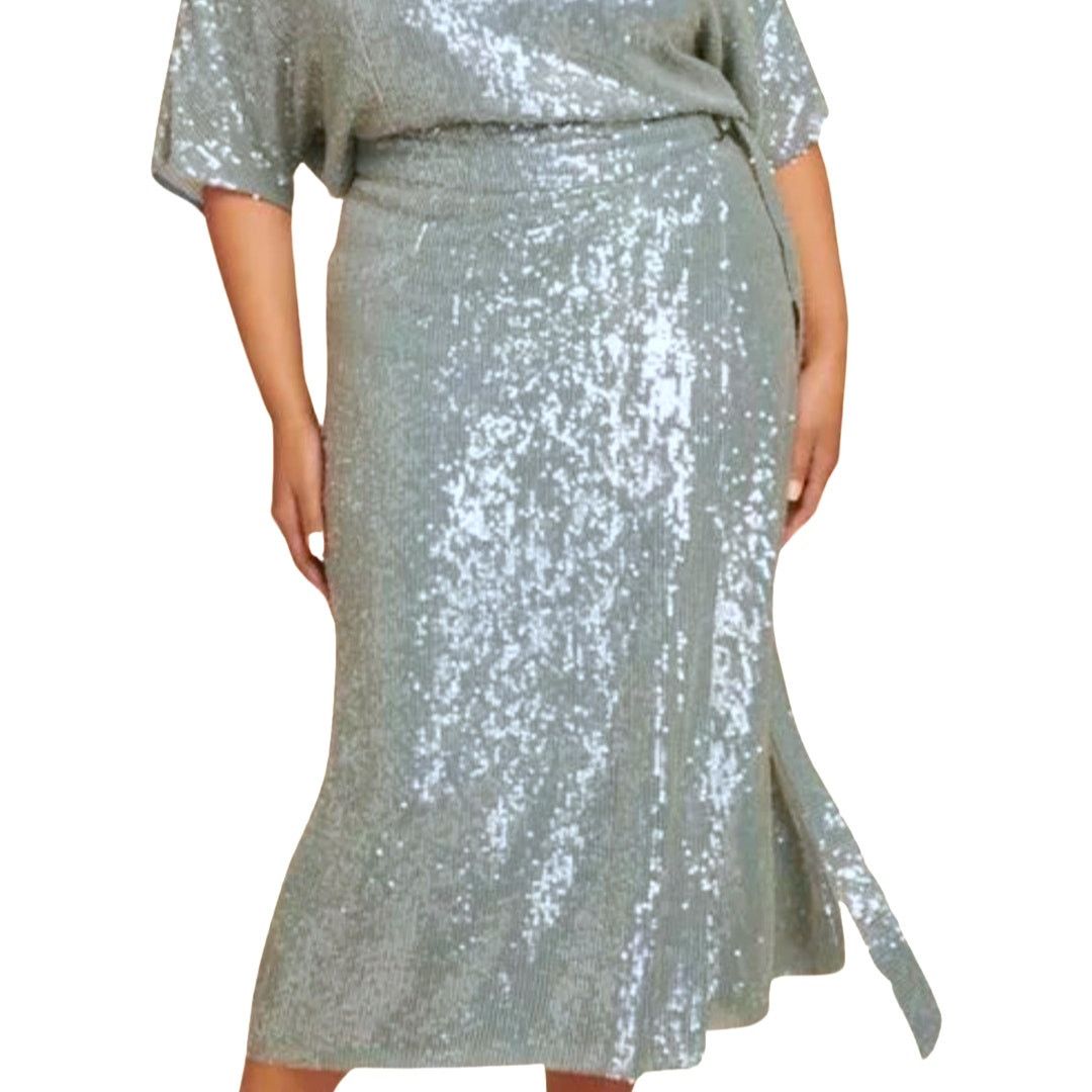 Sally Lapointe Blue Sequin Belt Wrap Midi Skirt 18 New Tags, Women's (Size 36) — image 2 of 6