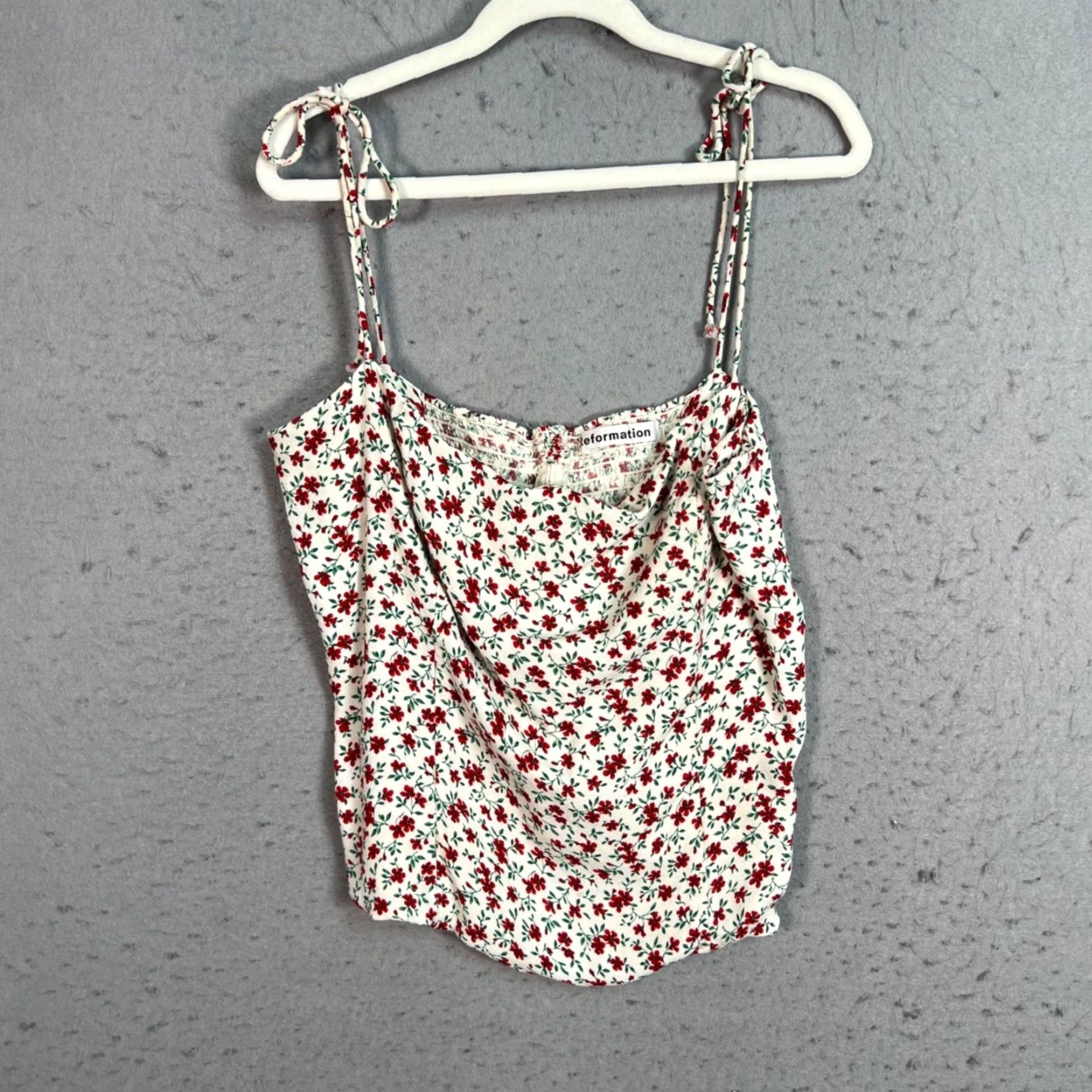 Reformation Reformation Womens Top Cami Floral Print White & Red Sleeveless Smocked 10 Size L / US 10 / IT 46 - 2 Thumbnail
