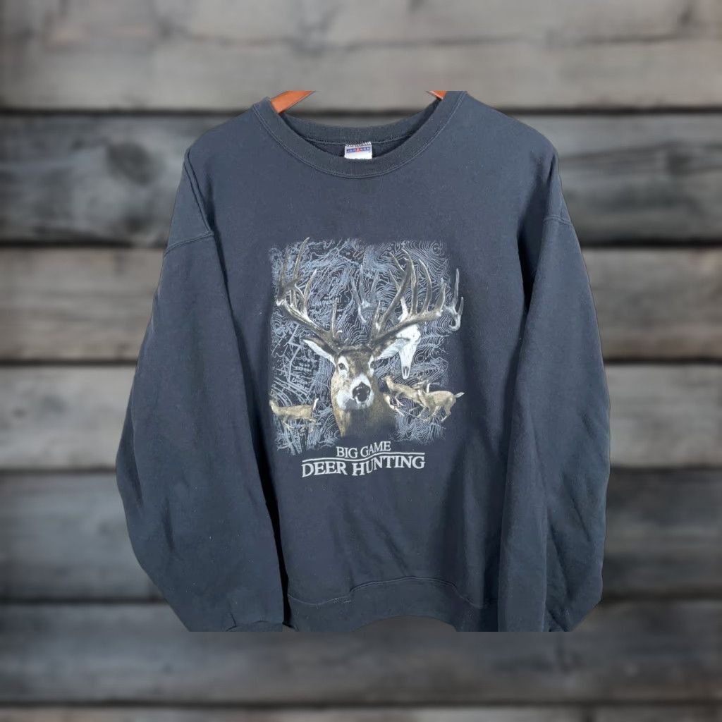 Jerzees JERZEES Sweatshirt Big Game Deer Hunting Graphic Print Adult XL Black Crewneck 50/50 Mens pullover fleece cotton-polyester Size US XL / EU 56 / 4 - 1 Thumbnail