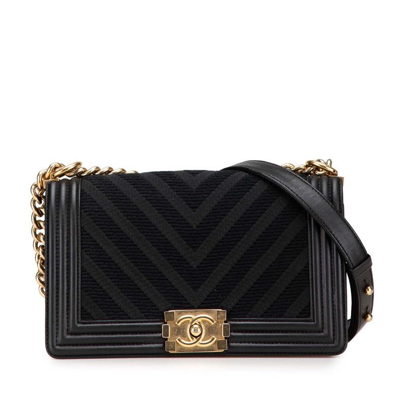 Chanel Chanel Boy Chanel V Stitch Leather Canvas 2Way Shoulder Bag Leather Shoulder Bag in Black, Women's