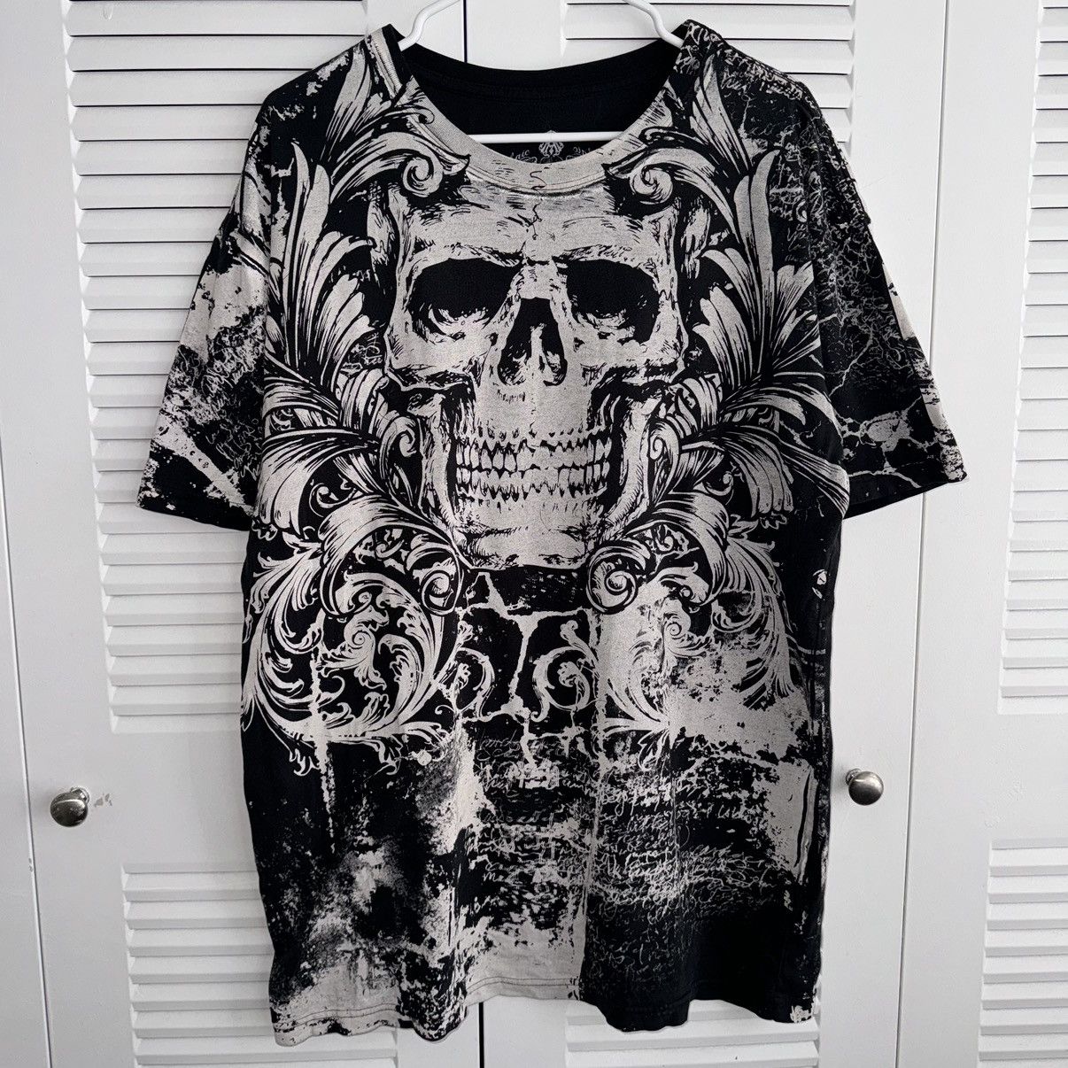 Affliction Crazy Y2K Skull Cyber Grunge Punk Emo Opium AOP Black Tee ...