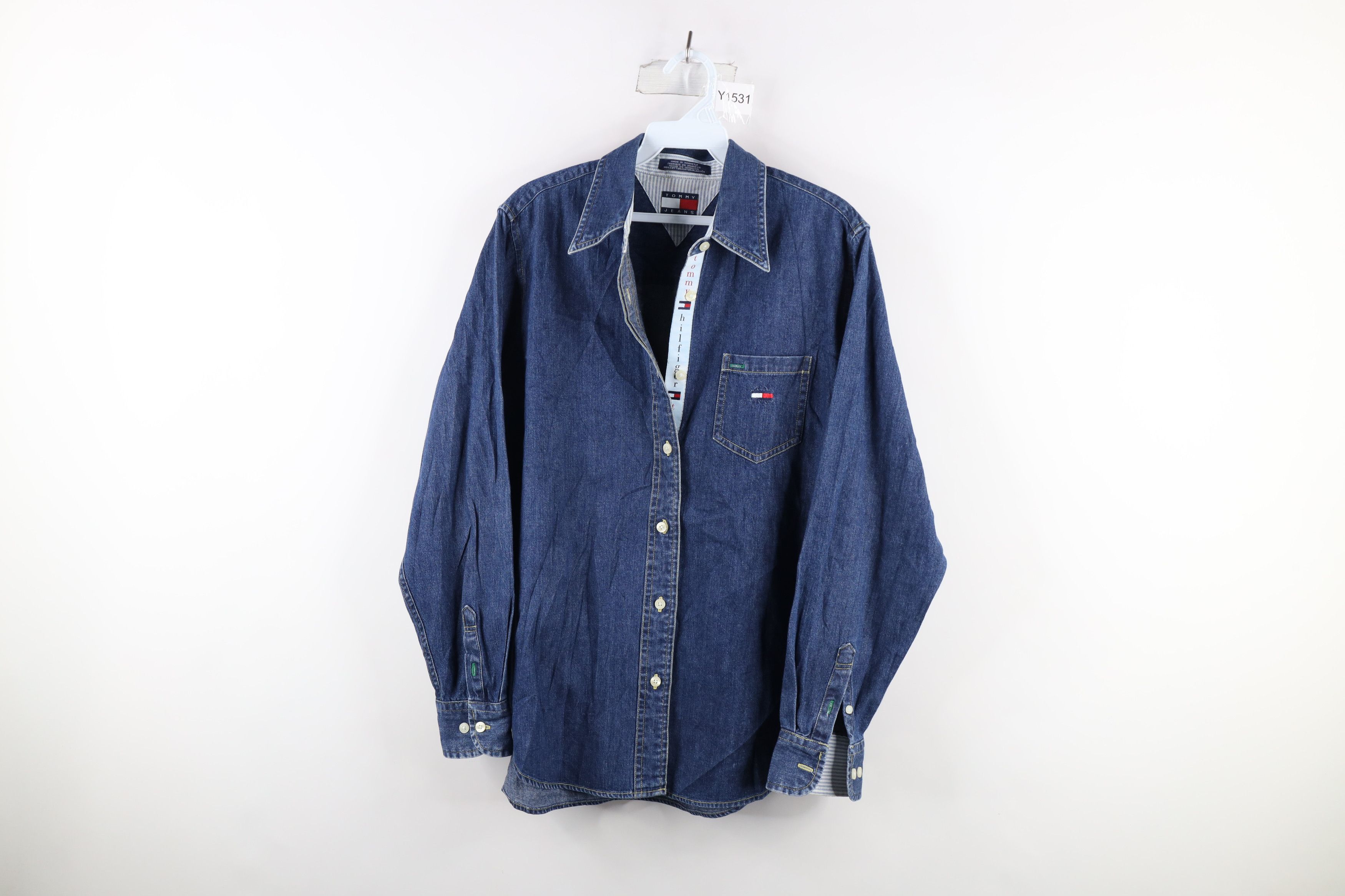 Vintage 90s Tommy Hilfiger Spell Out Denim Jean Button Shirt