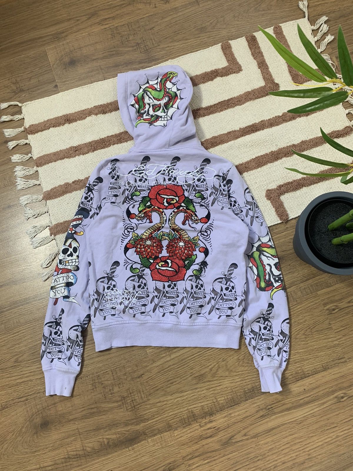 image of Christian Audigier x Ed Hardy Vintage Ed Hardy All Over Printed 2000S Zip Up Hoodie in Purple, Wome