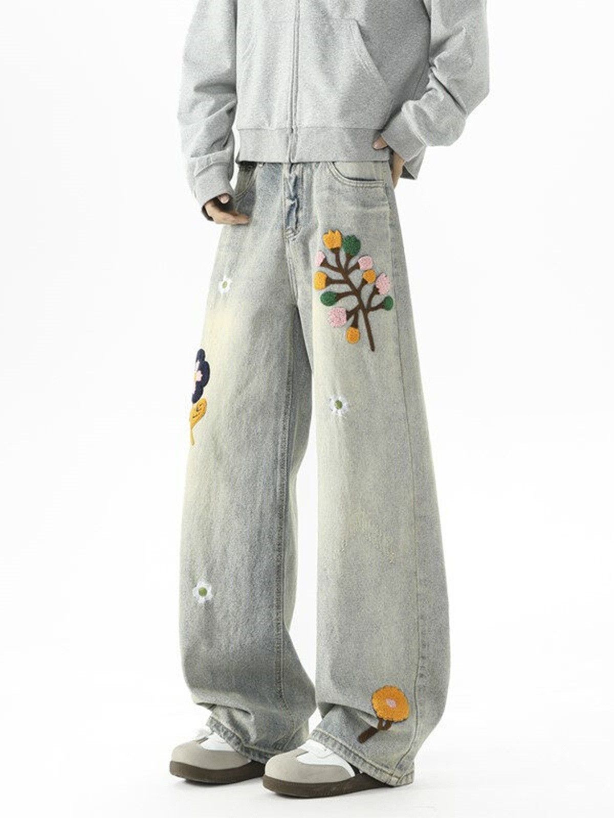 Vintage Men's Street Clean-Fit Denim Jeans with Floral Embroidery Size US 32 / EU 48 - 2 Thumbnail