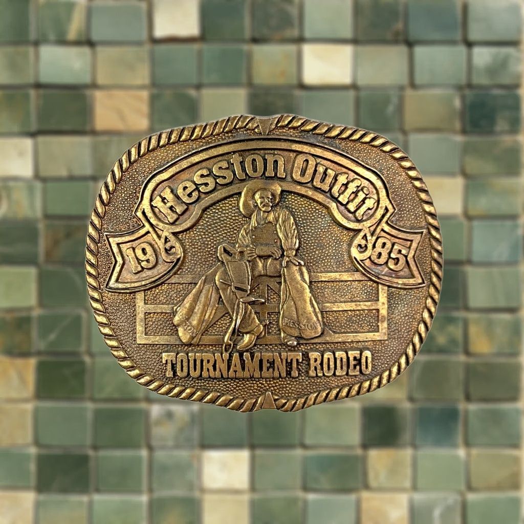 Vintage Hesston Outfit Tournament Rodeo Metal Belt Buckle 1985 Series #1 PRCA Men Western Buckle Metal Scuffing Condition Size ONE SIZE - 1 Thumbnail