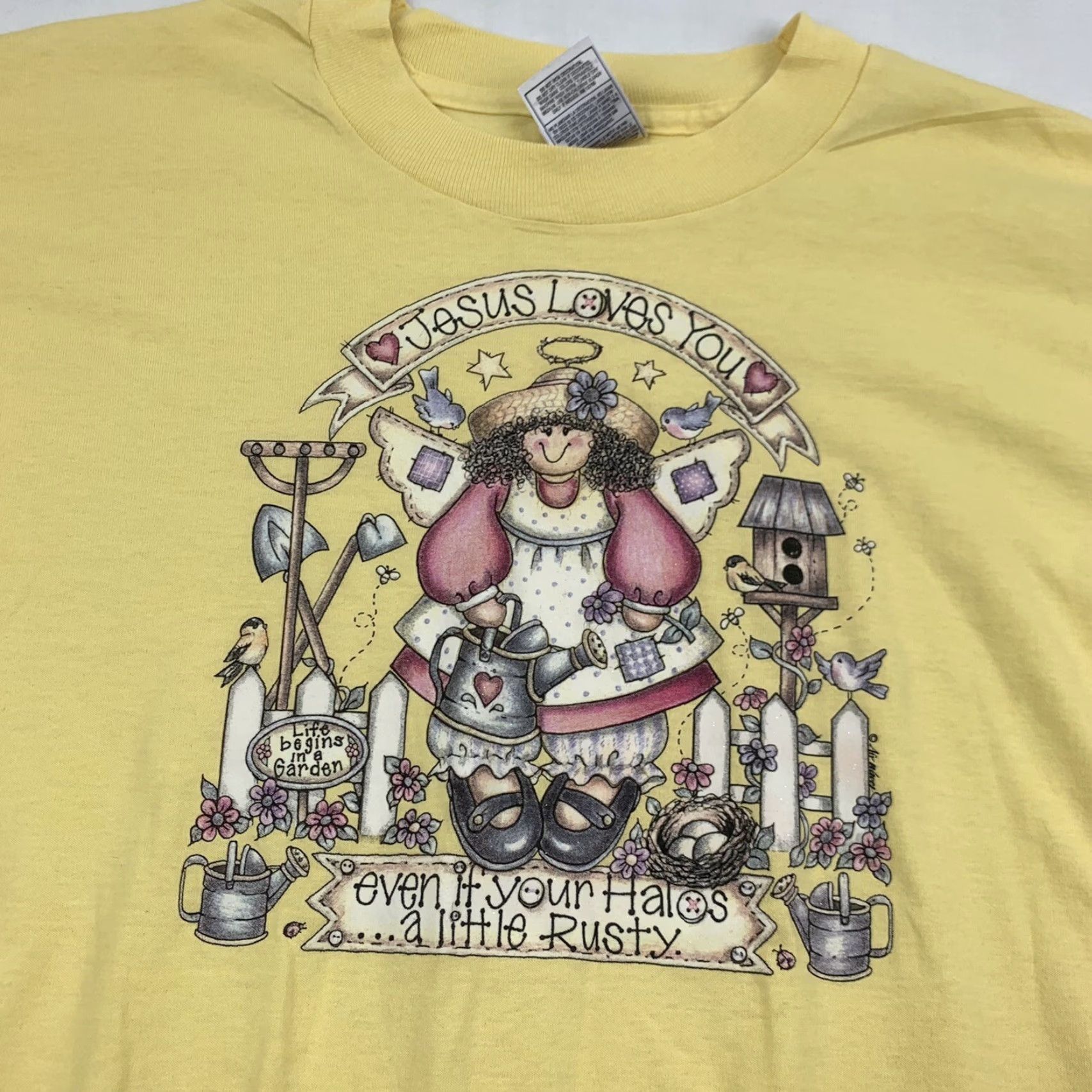 Fruit Of The Loom VINTAGE Fruit of the Loom T-Shirt Womens XL Jesus Loves You Grandma Style Gardening Angel Yellow 90s Jesus Christ Garden Womens Size XL / US 12-14 / IT 48-50 - 3 Thumbnail
