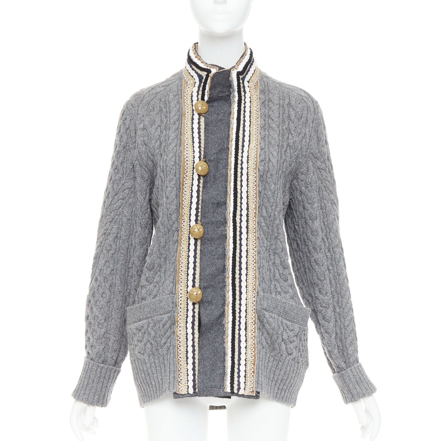 Sacai SACAI 2017 grey wool metallic military baroque trim cable knit cardigan JP1 S Size S / US 4 / IT 40 - 1 Thumbnail