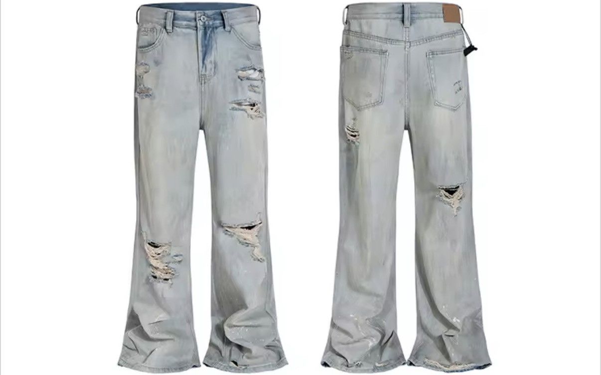 Jean Distressed Vintage Retro Style Flared Ripped Jeans Y2k Size US 32 / EU 48 - 2 Thumbnail
