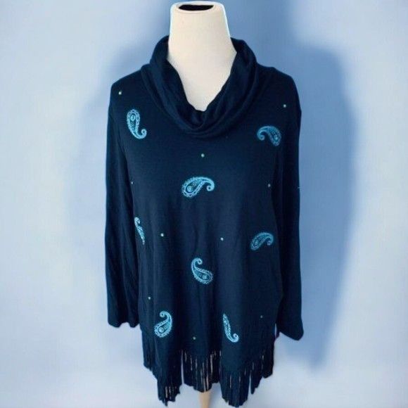 Designer Ruby Rd Navy Blue Paisley Cowl Neck Tunic Fringe Hem NEW L Size L / US 10 / IT 46 - 10 Thumbnail
