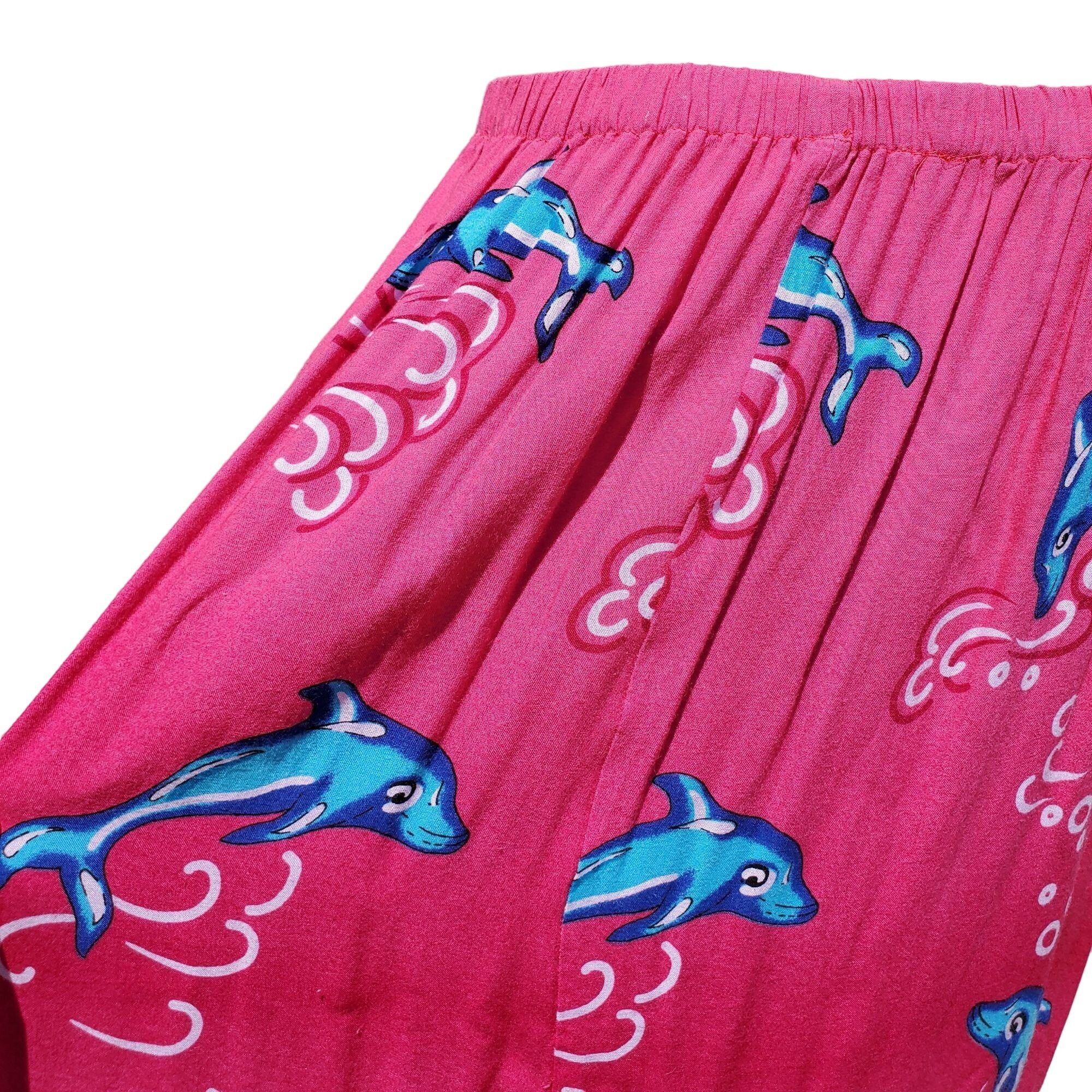 Other Midi Skirt Summer Pink Rayon Medium Blue Dolphins Curved Hem Size 32" / US 10 / IT 46 - 2 Thumbnail