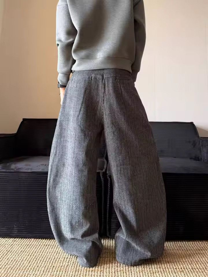 Gray Pinstripe Wide Leg Pants, Baggy High Waist Trousers