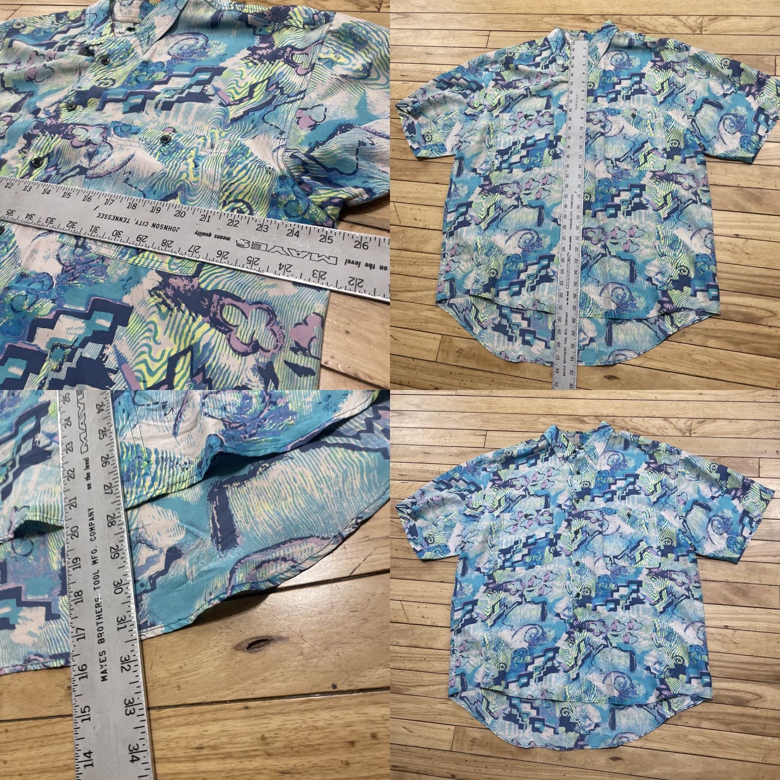 Vintage VINTAGE Michael's Fashions Hawaiian Silk Shirt Men L Turquoise Blue Green Geometric ShirtMens L, Turquoise Blue Green, Silk, Button-Up, Short Sleeve Size US L / EU 52-54 / 3 - 8 Thumbnail