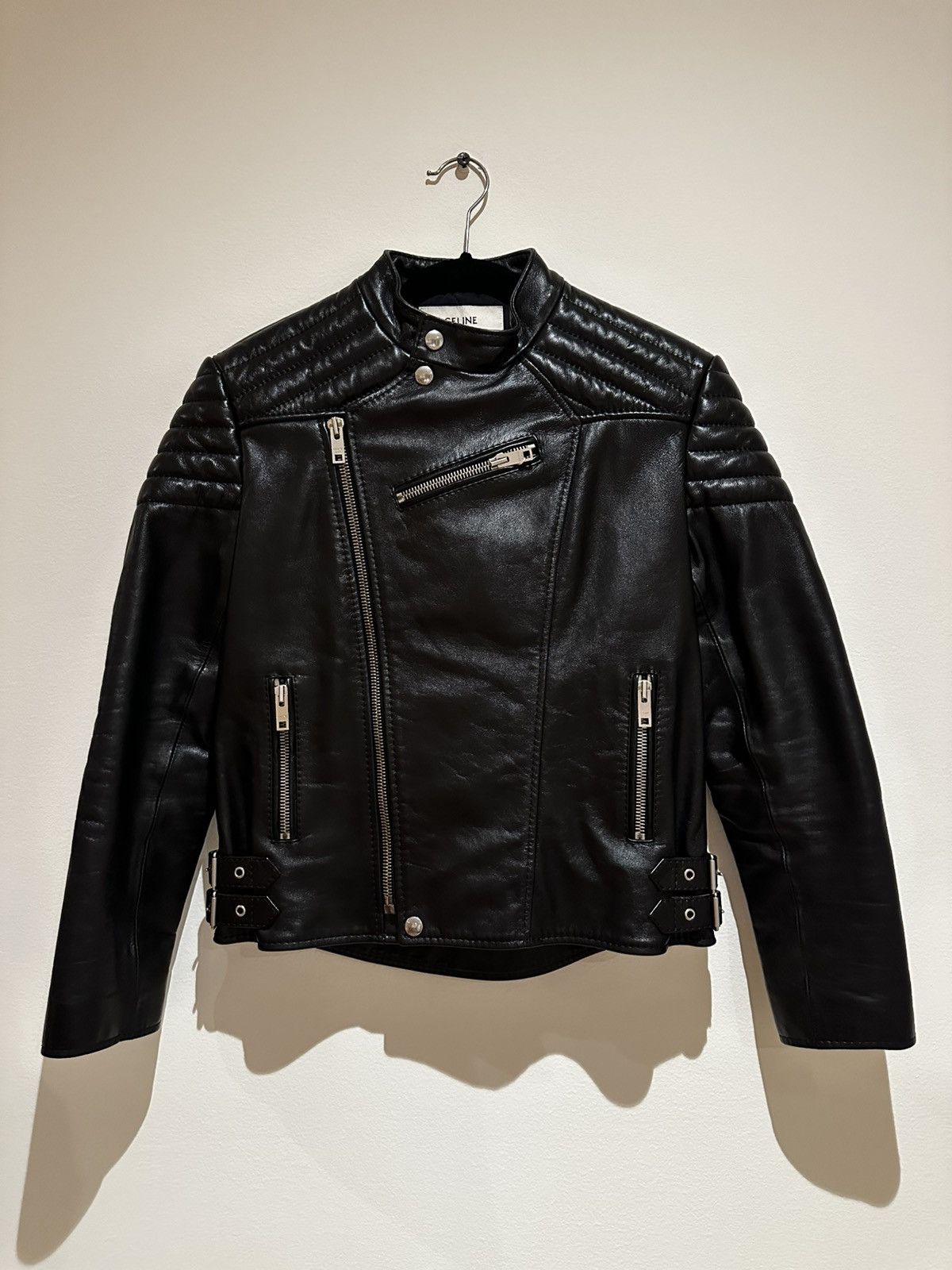 Celine AW19 Biker Jacket Black Leather Padded Size XS / US 0-2 / IT 36-38 - 2 Thumbnail