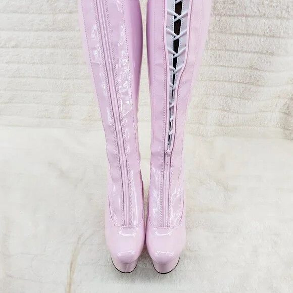 Other Baby Pink White Patent Platform Thigh High Heel Front Zipper Size US 10 / IT 40 - 3 Thumbnail