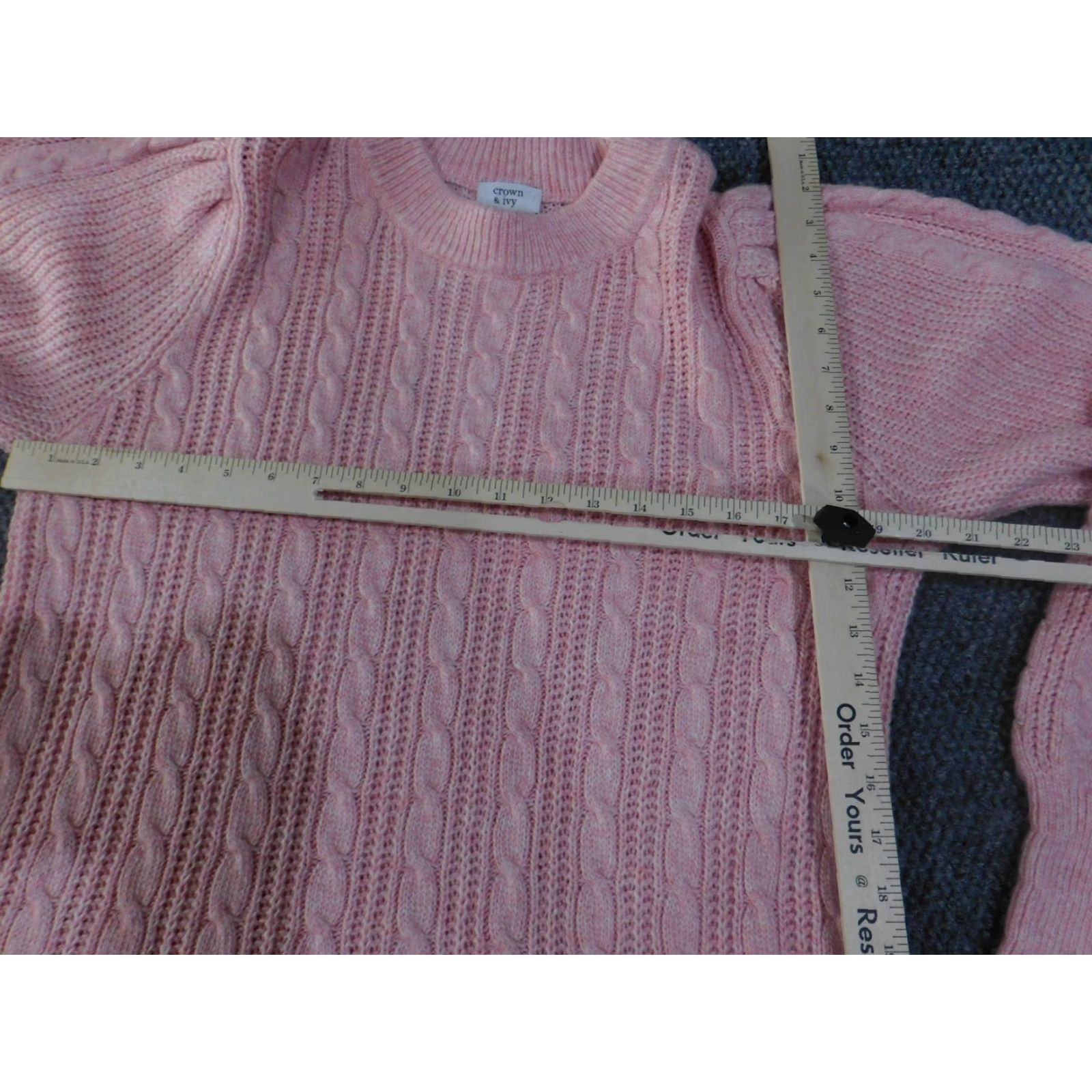 Vintage Crown & Ivy Sweater Womens Large Cable Knit Pullover Crewneck Soft Pink Classic Puff Sleeve Regular Knit Lace? Size L / US 10 / IT 46 - 6 Thumbnail