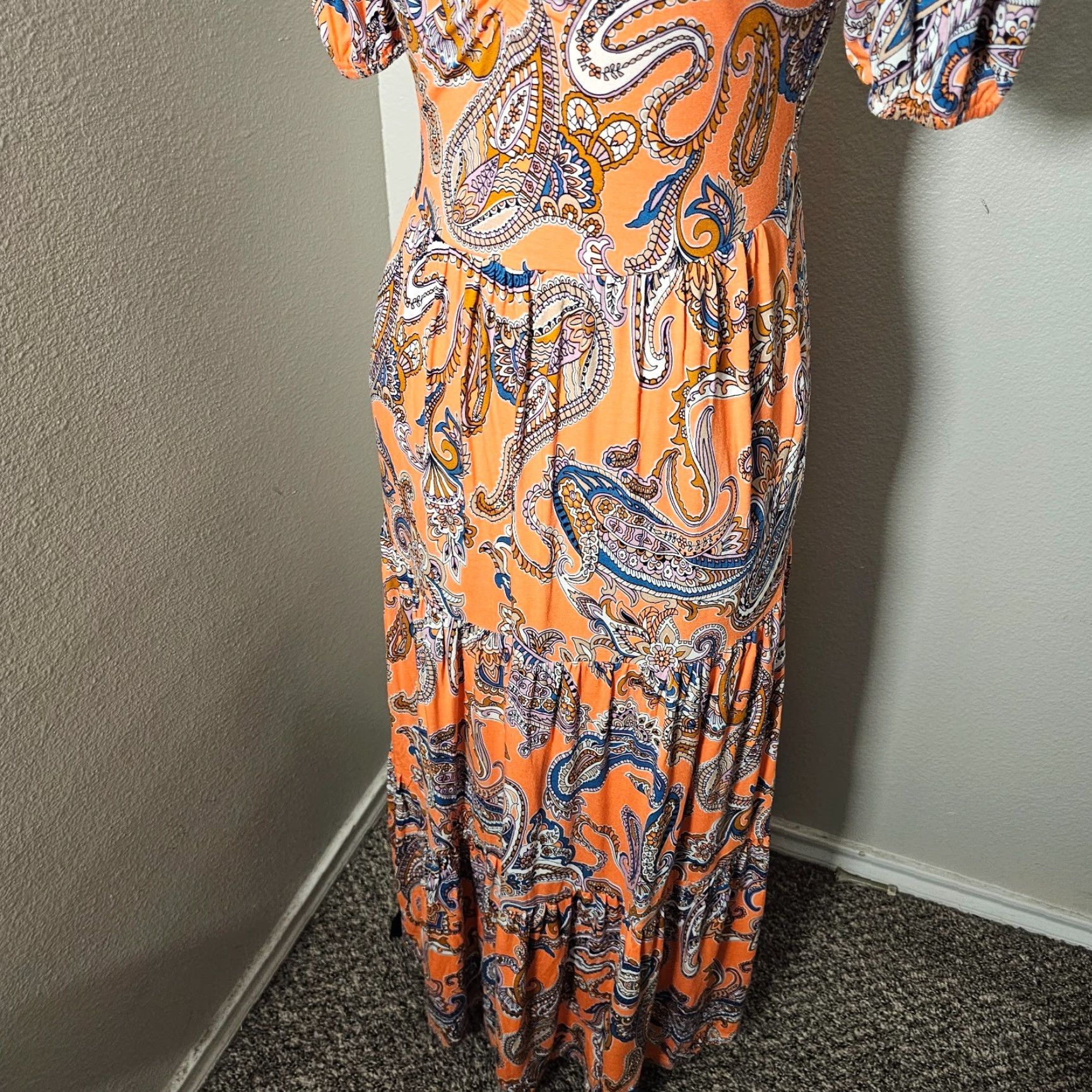 Boden Boden Maxi Dress Orange Paisley 6 R D0681 Cross Strap Back Short Sleeve Cap Sleeve Floral 100% Cotton Womens Size 28" / US 6 / IT 42 - 3 Thumbnail